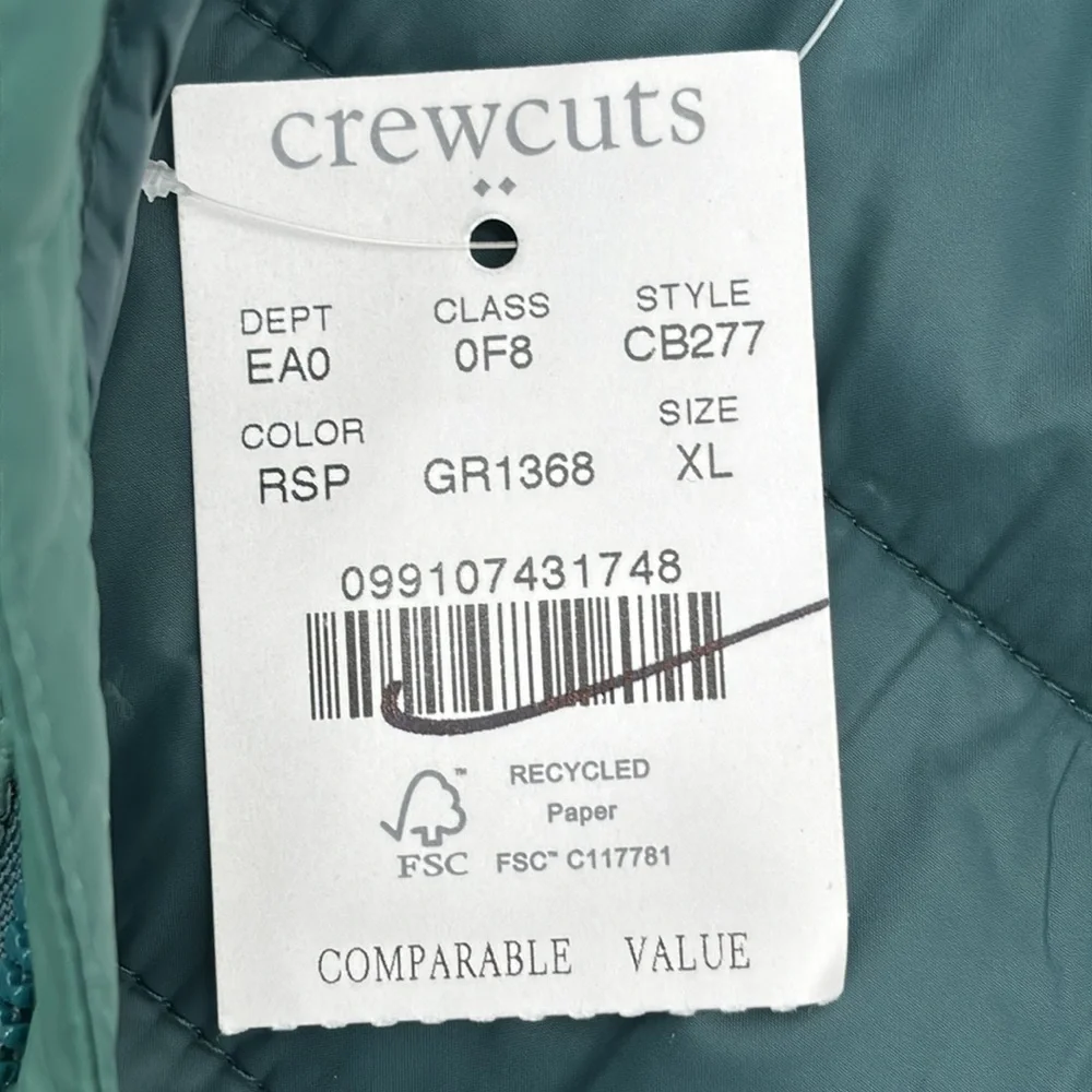 J Crew Factory Kids' lightweight packable puffer jacket Rich Spruce XL NWT CB277